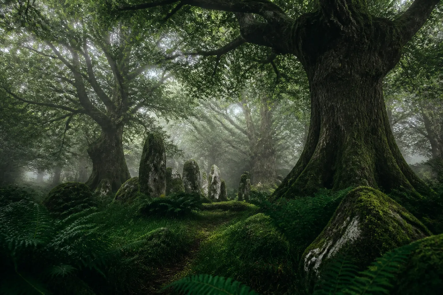 Misty ancient Celtic forest