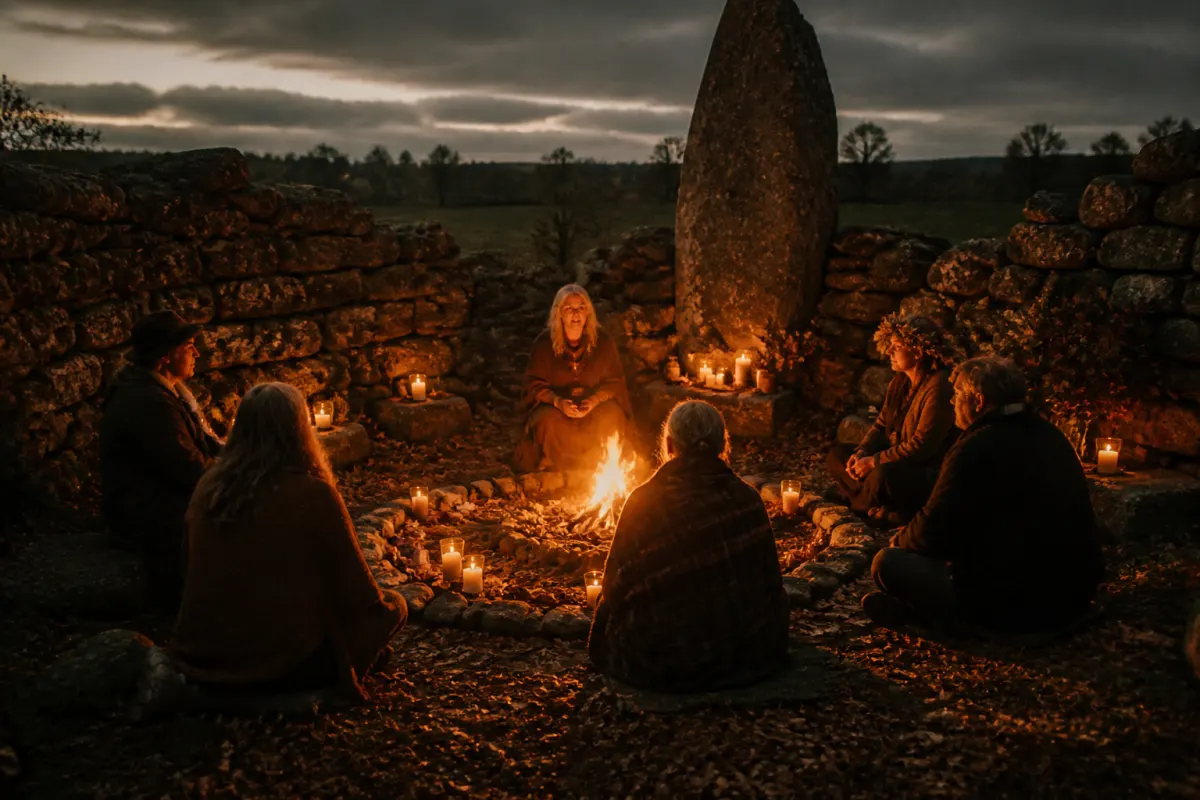 Celtic seasonal ritual gathering around a bonfire in the Irish countryside